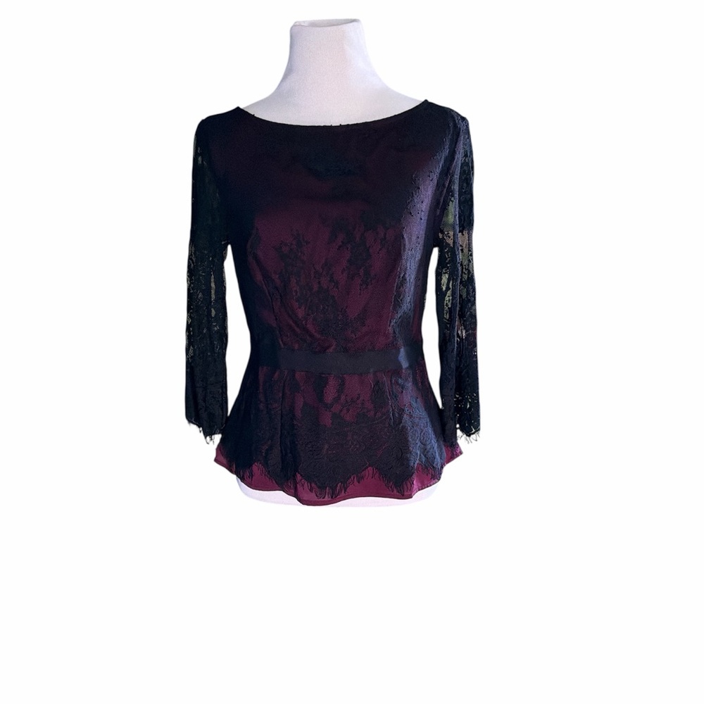 Ann Taylor Burgundy Black Dual Layer Blouse Black Lace Overlay Size 2